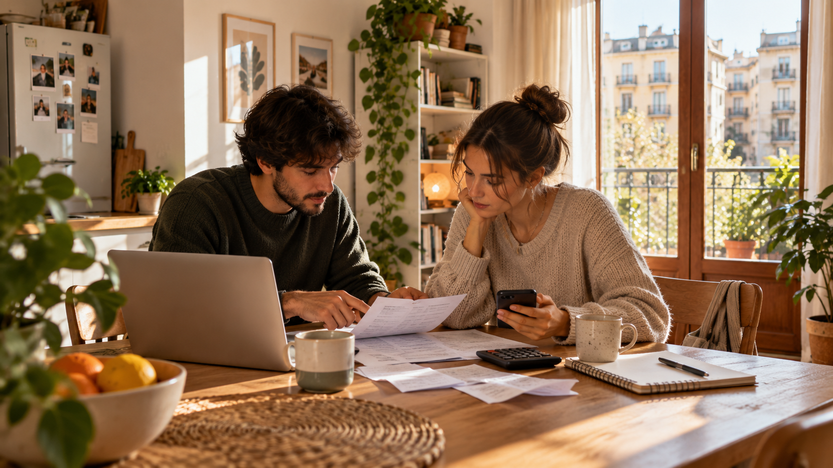 Compañeros de piso calculando gastos mensuales en Madrid
