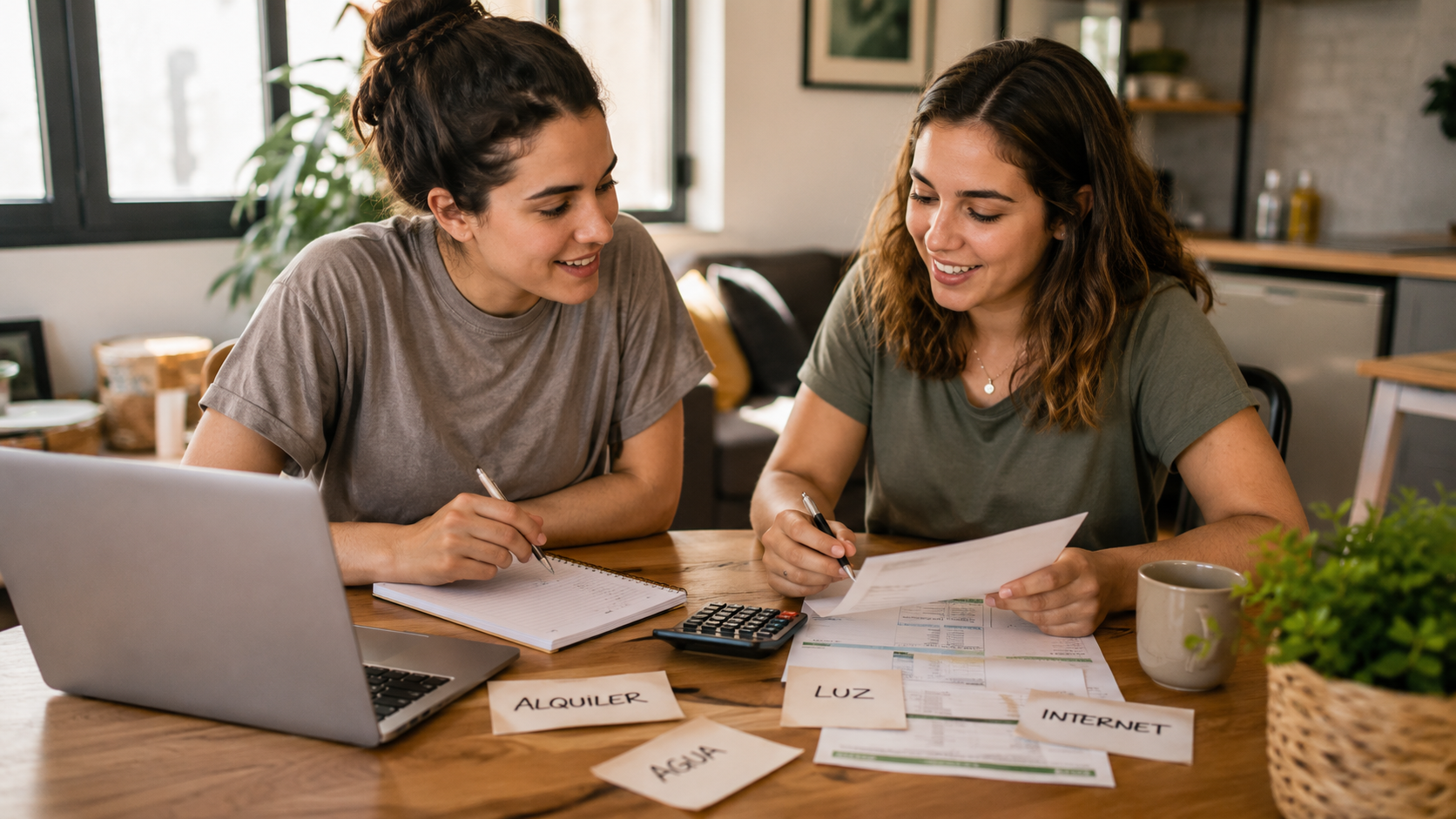 Dos compañeros de piso revisando los gastos compartidos antes de alquilar una habitación