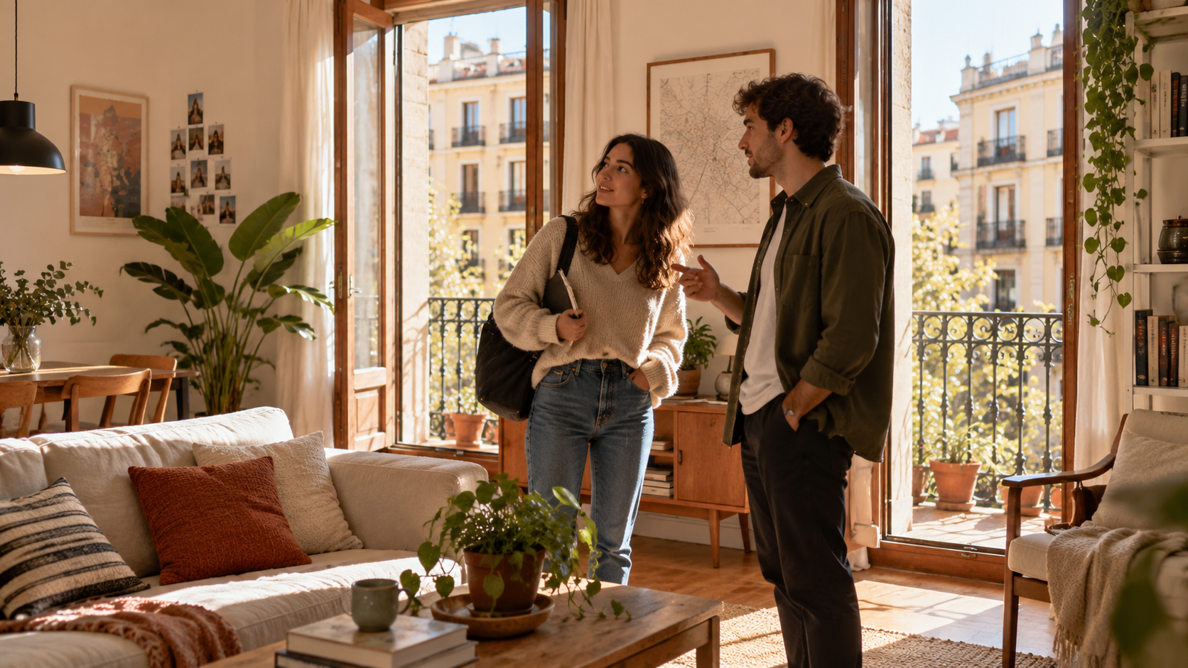 Dos futuros compañeros de piso visitando una vivienda en Madrid