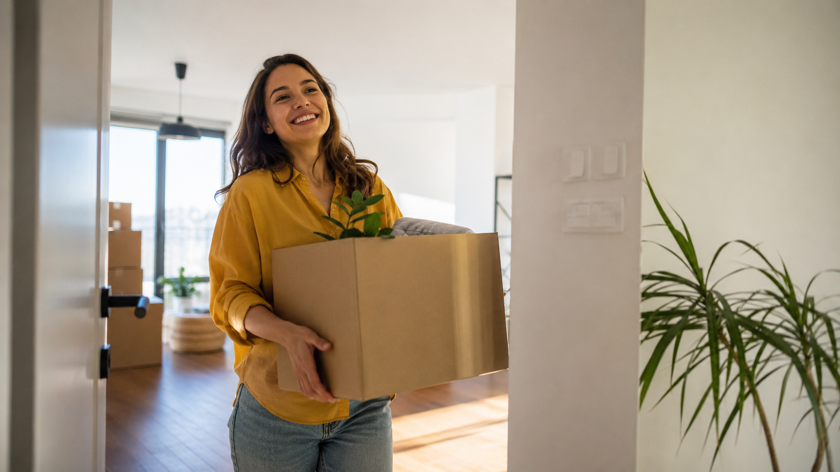 Persona llegando a su nuevo piso compartido con cajas de mudanza